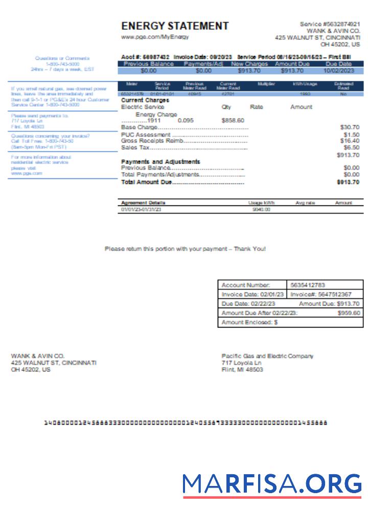 Printable California PG&E (Pacific Gas and Electric Company) utility business bill SCR sample